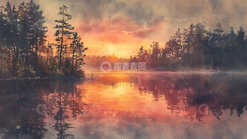 高清大图下载【趣麦麦图】清晨湖泊日出景色