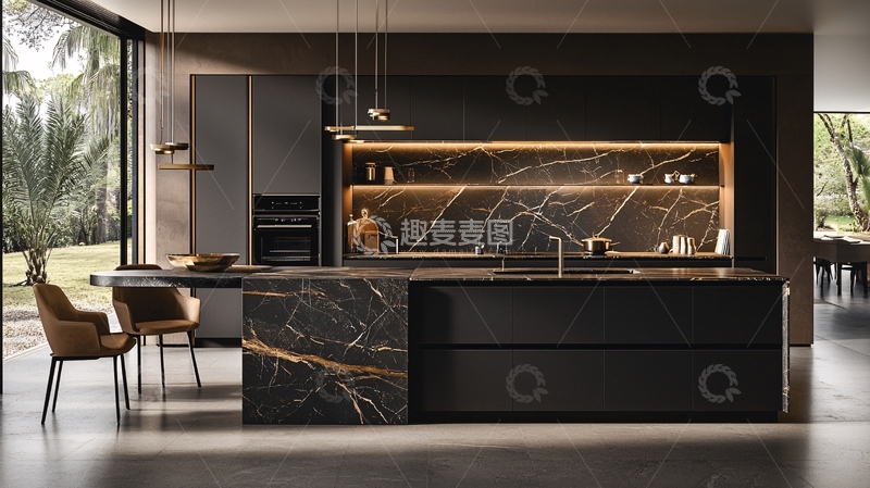 高清大图下载【趣麦麦图】现代极简黑色大理石厨房