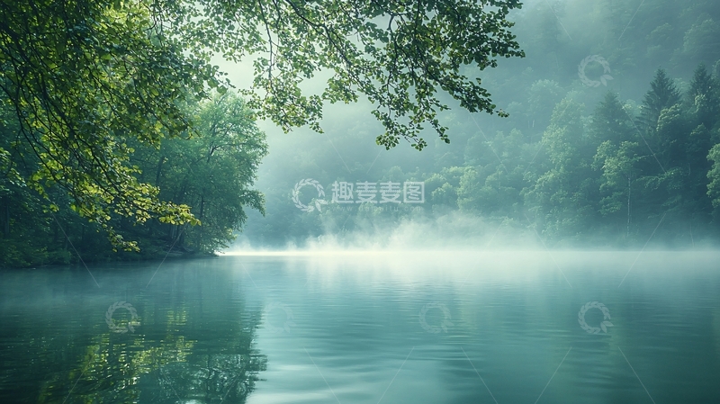 高清大图下载【趣麦麦图】清晨薄雾笼罩的宁静湖泊