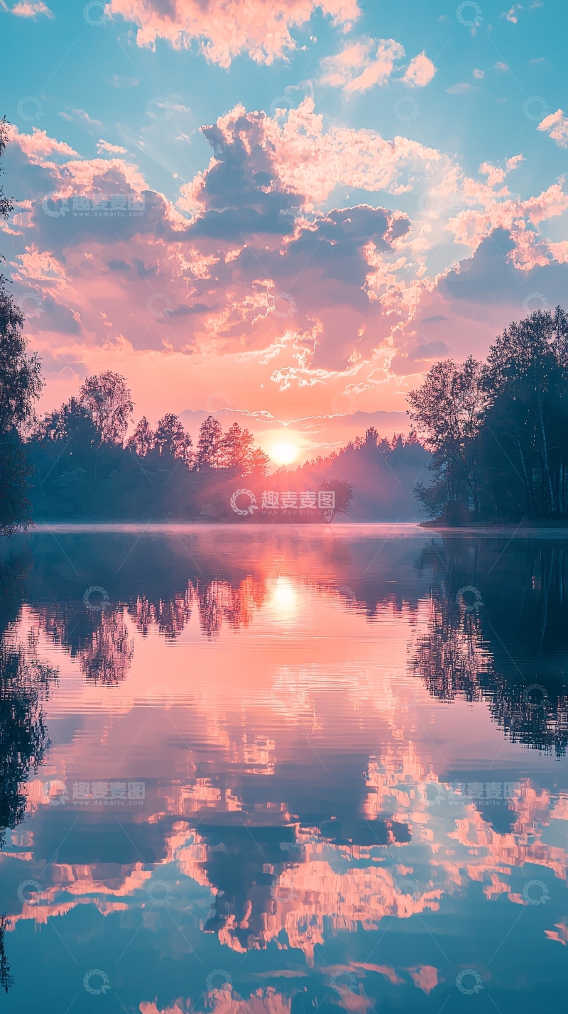 高清大图下载【趣麦麦图】粉红色天空湖面日落倒影