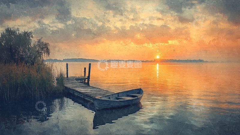 高清大图下载【趣麦麦图】日出湖边小船码头
