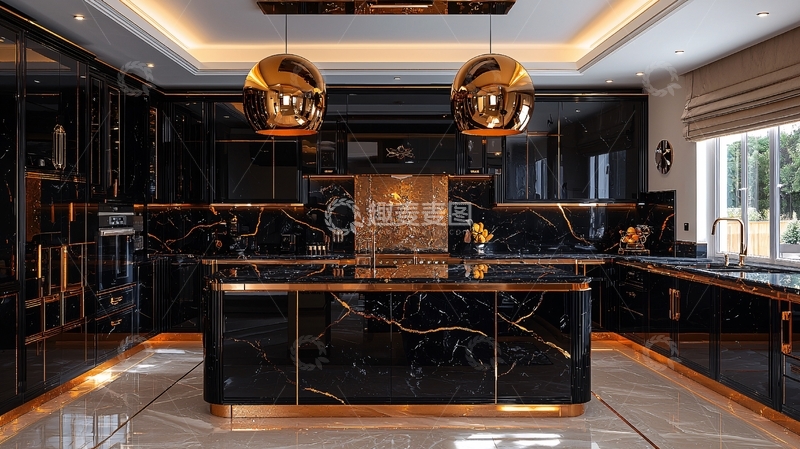 高清大图下载【趣麦麦图】奢华黑色金色厨房