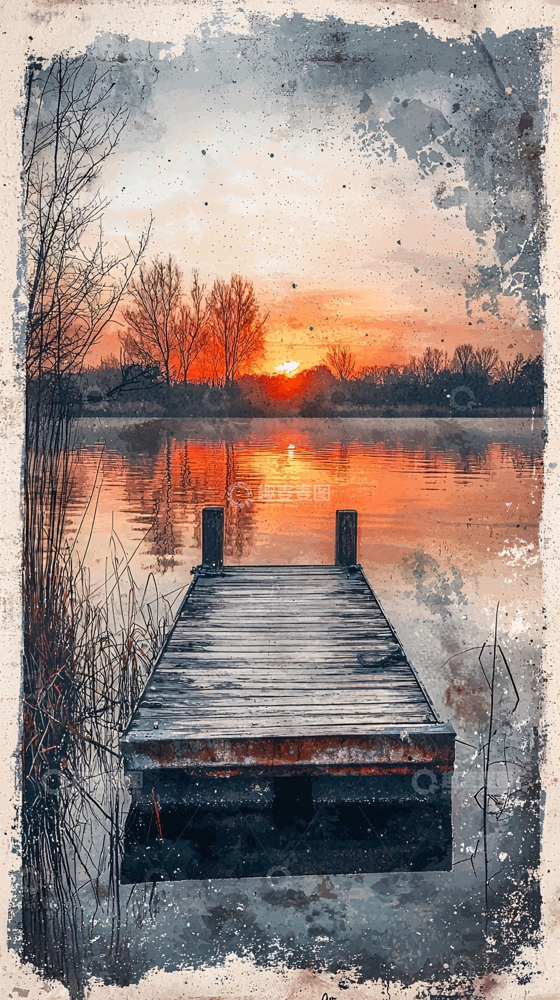 高清大图下载【趣麦麦图】湖边木栈道日落