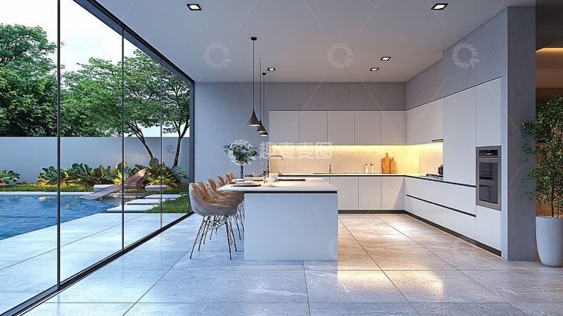 高清大图下载【趣麦麦图】现代简约厨房泳池落地窗