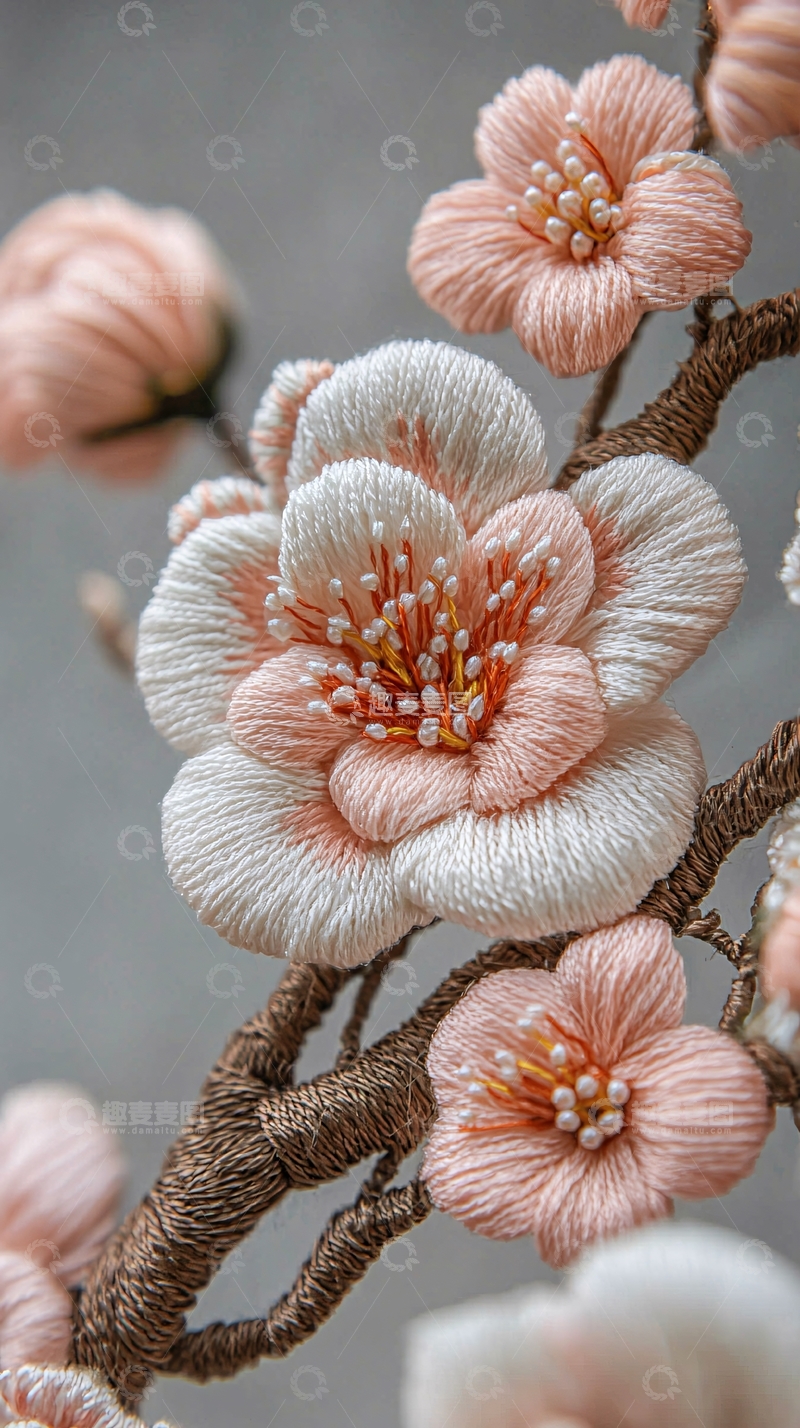 高清大图下载【趣麦麦图】线绣樱花