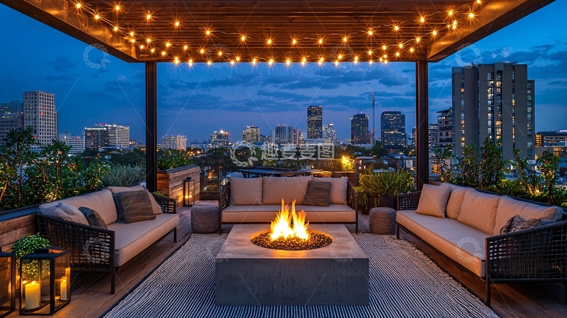 高清大图下载【趣麦麦图】屋顶露台夜景壁炉沙发