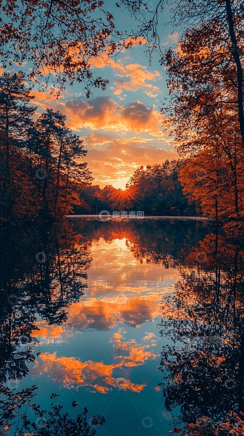 高清大图下载【趣麦麦图】秋日湖泊日落倒影