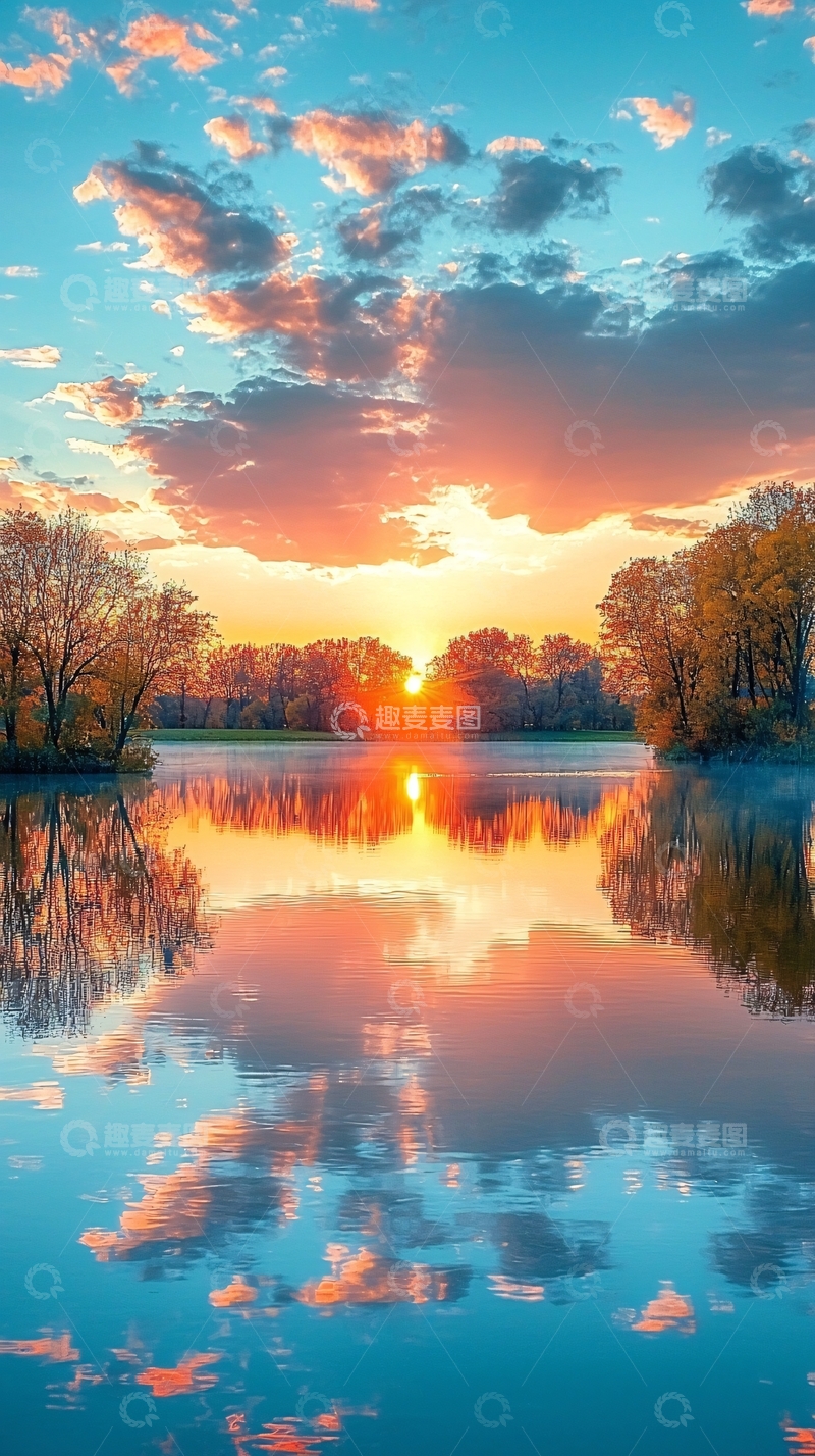 高清大图下载【趣麦麦图】夕阳西下湖面倒影