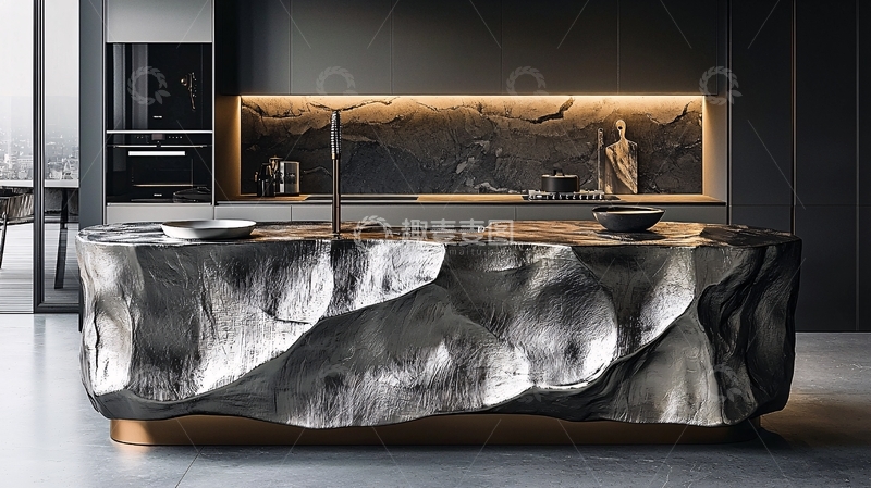 高清大图下载【趣麦麦图】现代极简灰色石材厨房岛台