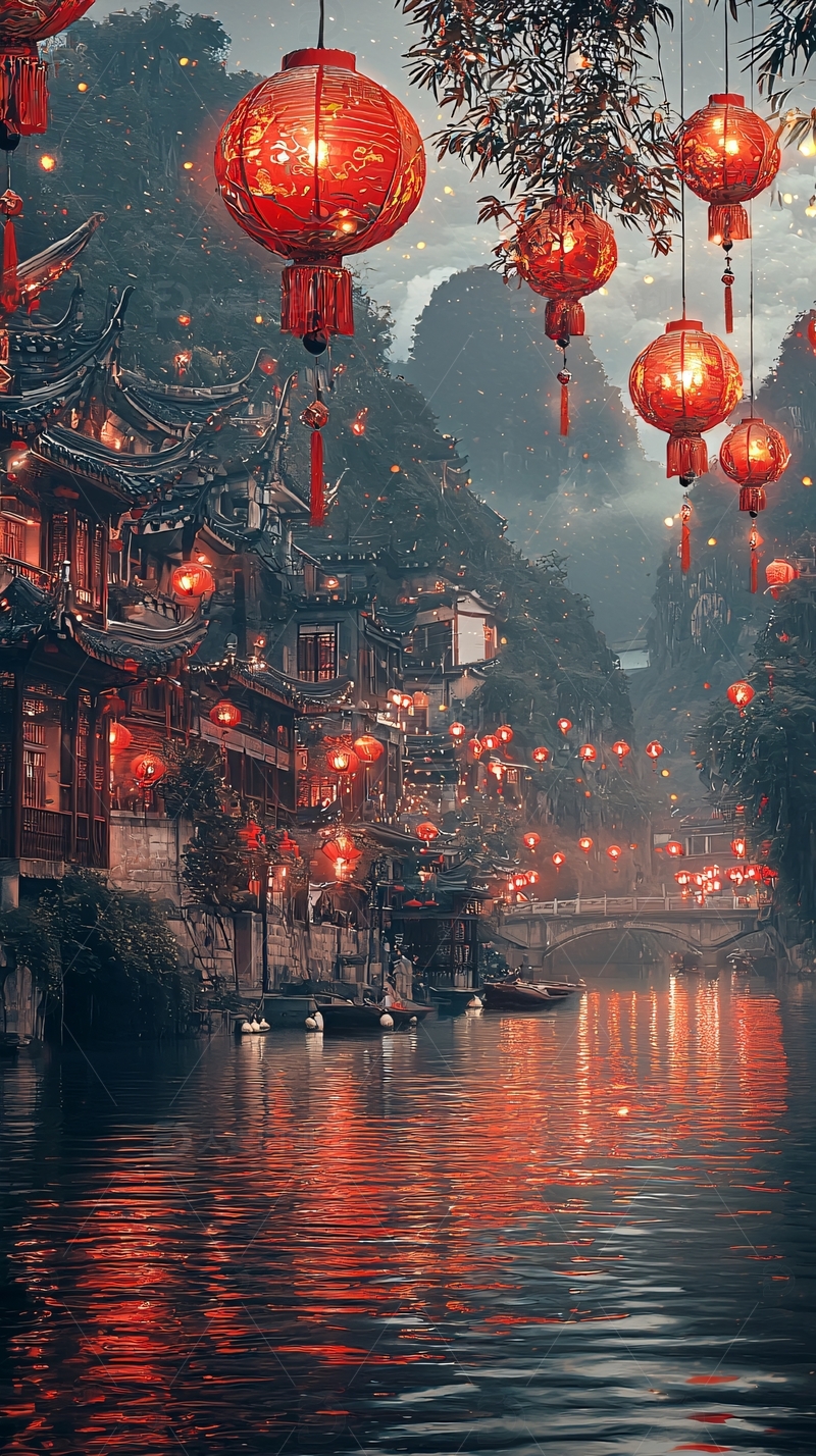 高清大图下载【趣麦麦图】红灯笼夜景古镇