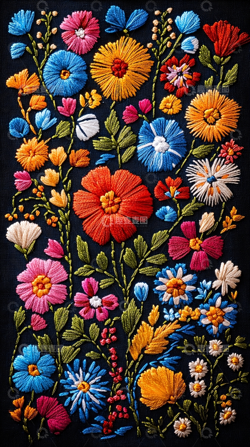 高清大图下载【趣麦麦图】彩色刺绣花卉图案