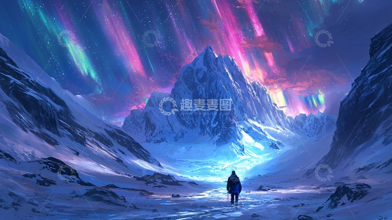 高清大图下载【趣麦麦图】极光下的雪山