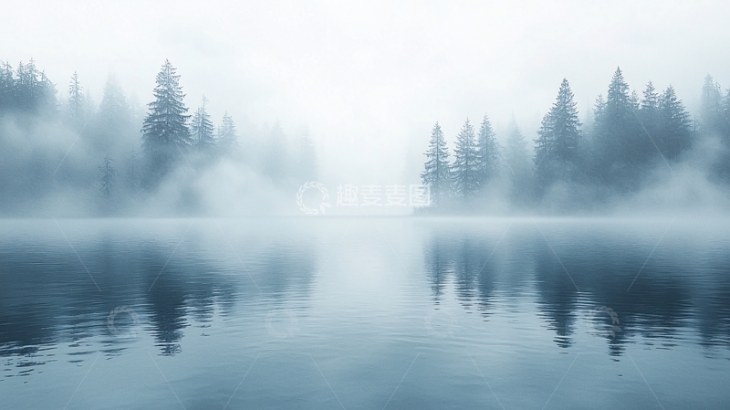 高清大图下载【趣麦麦图】雾气弥漫的森林湖泊
