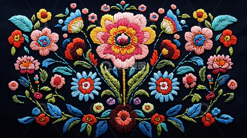 高清大图下载【趣麦麦图】彩色花卉刺绣图案