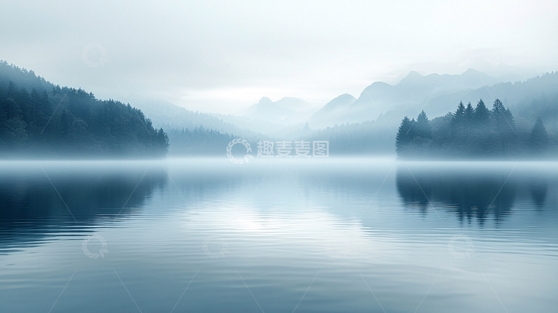 高清大图下载【趣麦麦图】雾气弥漫的湖光山色