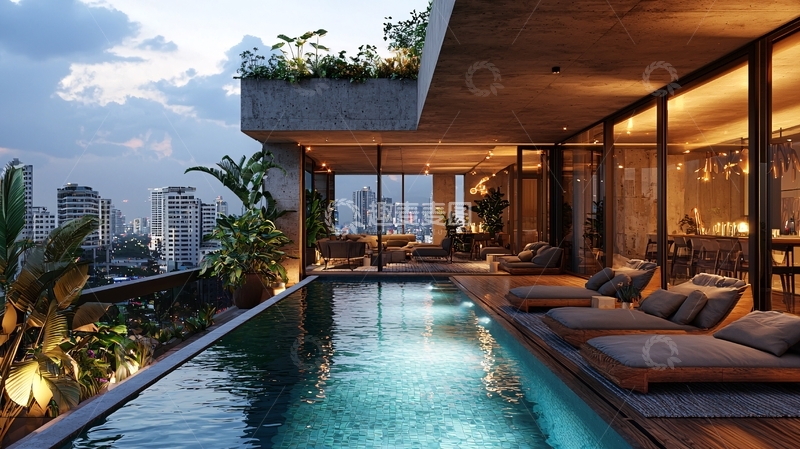 高清大图下载【趣麦麦图】顶层公寓泳池夜景