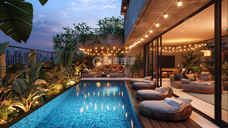 高清大图下载【趣麦麦图】夜景泳池别墅