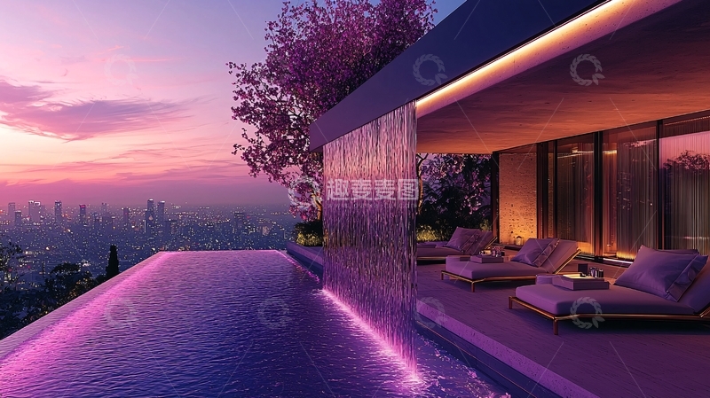 高清大图下载【趣麦麦图】山顶别墅泳池夜景