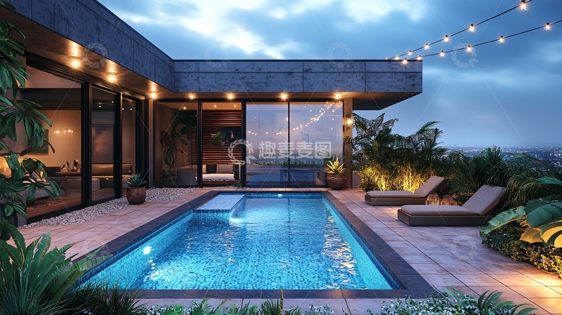 高清大图下载【趣麦麦图】现代别墅夜景泳池