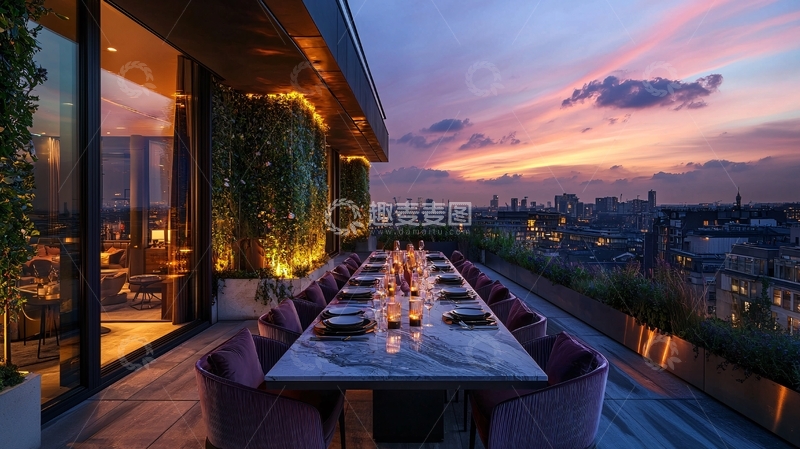 高清大图下载【趣麦麦图】屋顶餐厅日落景观