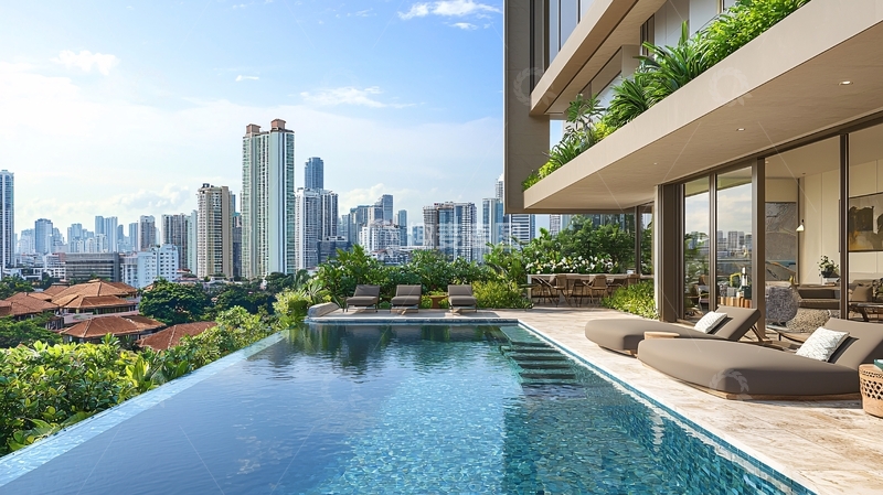 高清大图下载【趣麦麦图】城市天际线泳池豪宅