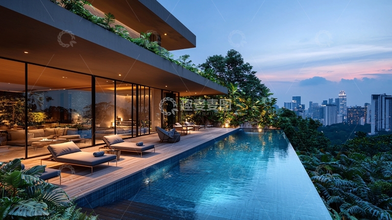 高清大图下载【趣麦麦图】现代风格山顶别墅泳池夜景