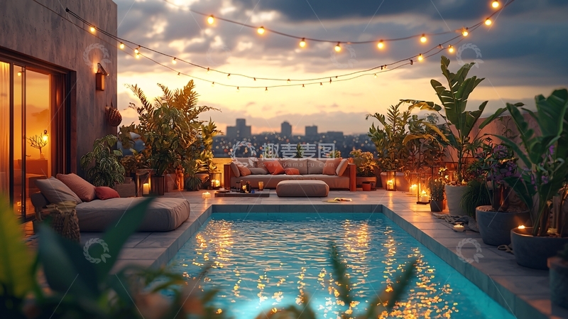高清大图下载【趣麦麦图】夜晚星空泳池派对