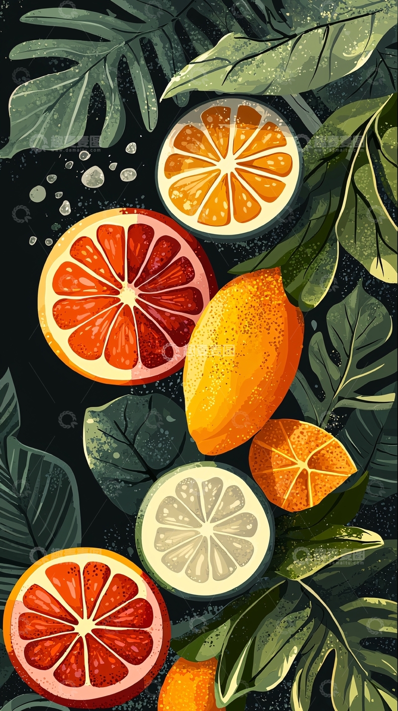 高清大图下载【趣麦麦图】柑橘水果热带植物插画