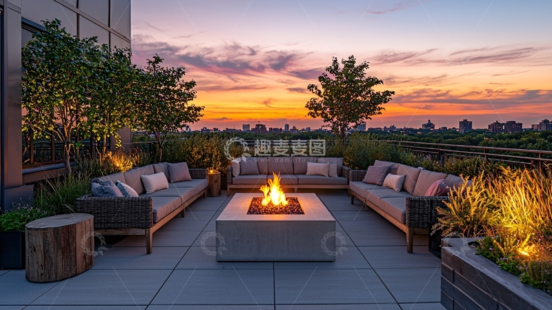 高清大图下载【趣麦麦图】屋顶露台夜景篝火晚会