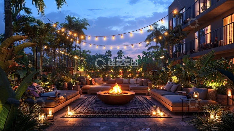 高清大图下载【趣麦麦图】夜晚庭院篝火派对