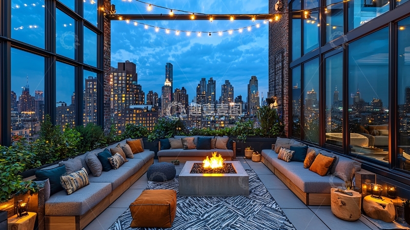 高清大图下载【趣麦麦图】城市夜景下的屋顶露台