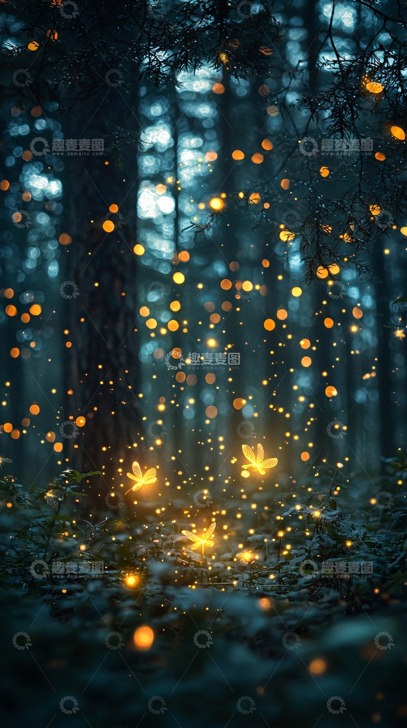 高清大图下载【趣麦麦图】萤火虫森林梦幻背景