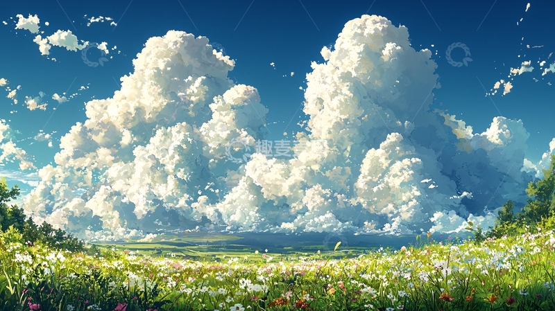 高清大图下载【趣麦麦图】晴朗天空下的花田