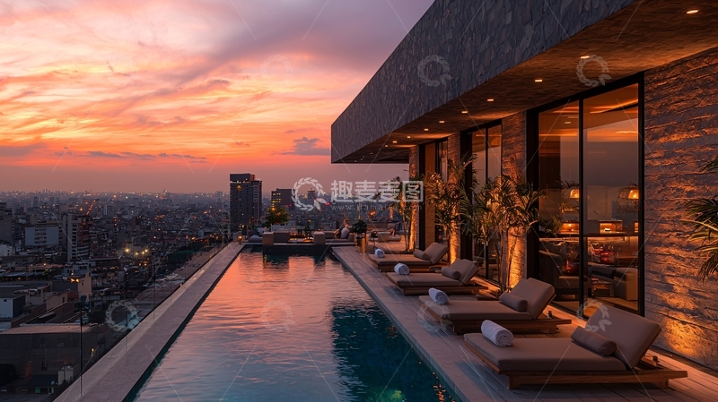 高清大图下载【趣麦麦图】顶层泳池日落城市景观