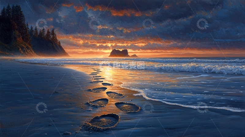 高清大图下载【趣麦麦图】海滩日落足迹