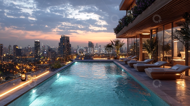 高清大图下载【趣麦麦图】高层建筑屋顶无边泳池夜景