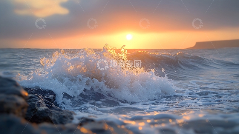 高清大图下载【趣麦麦图】日出海浪拍打岩石