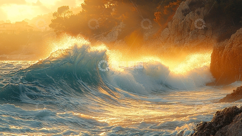 高清大图下载【趣麦麦图】金色朝阳下的巨浪