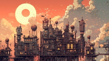 日落下的蒸汽朋克城市