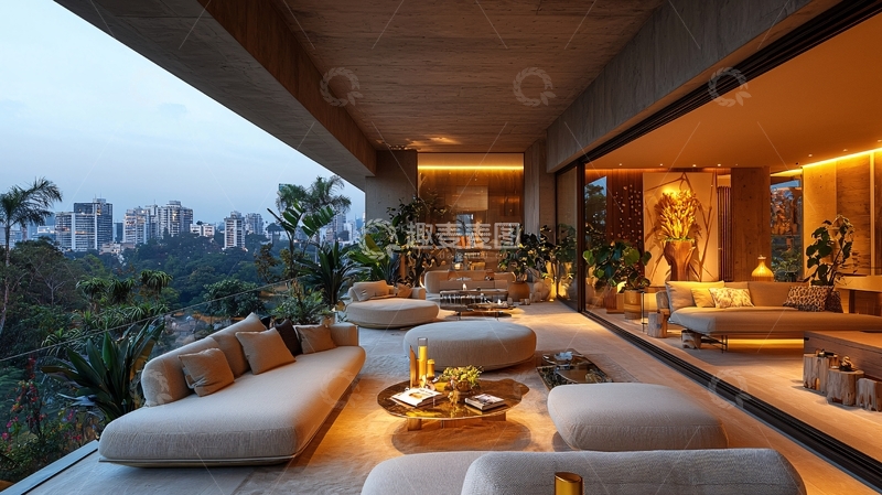 高清大图下载【趣麦麦图】豪华露台沙发远眺城市风景