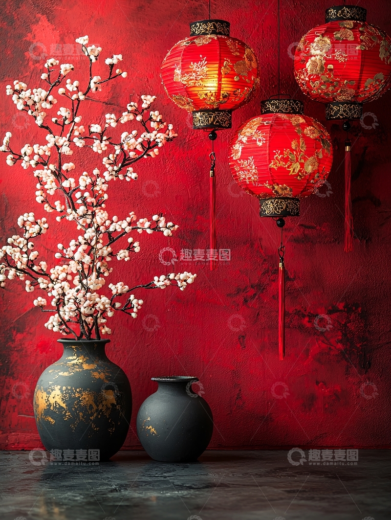 高清大图下载【趣麦麦图】红灯笼梅花瓶子