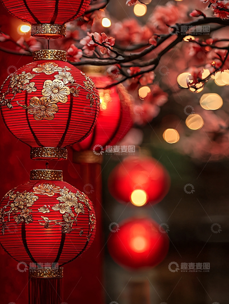 高清大图下载【趣麦麦图】红色灯笼与梅花绽放