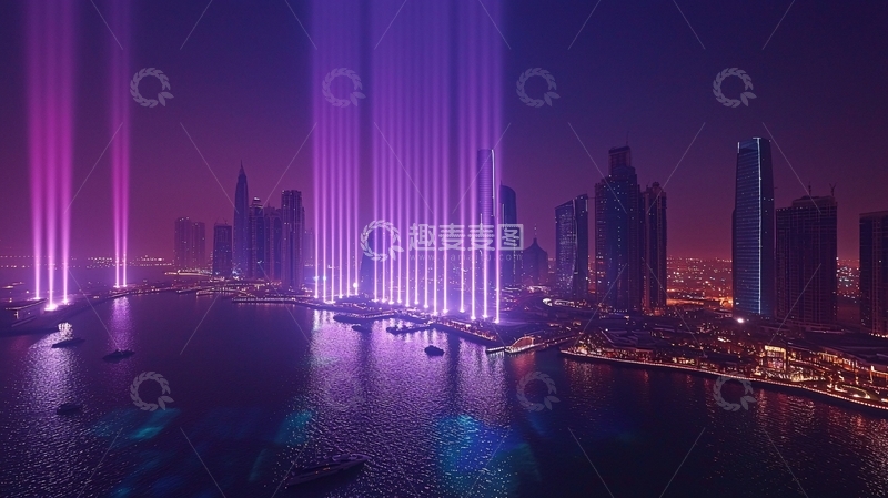 高清大图下载【趣麦麦图】紫色光束照射城市夜景