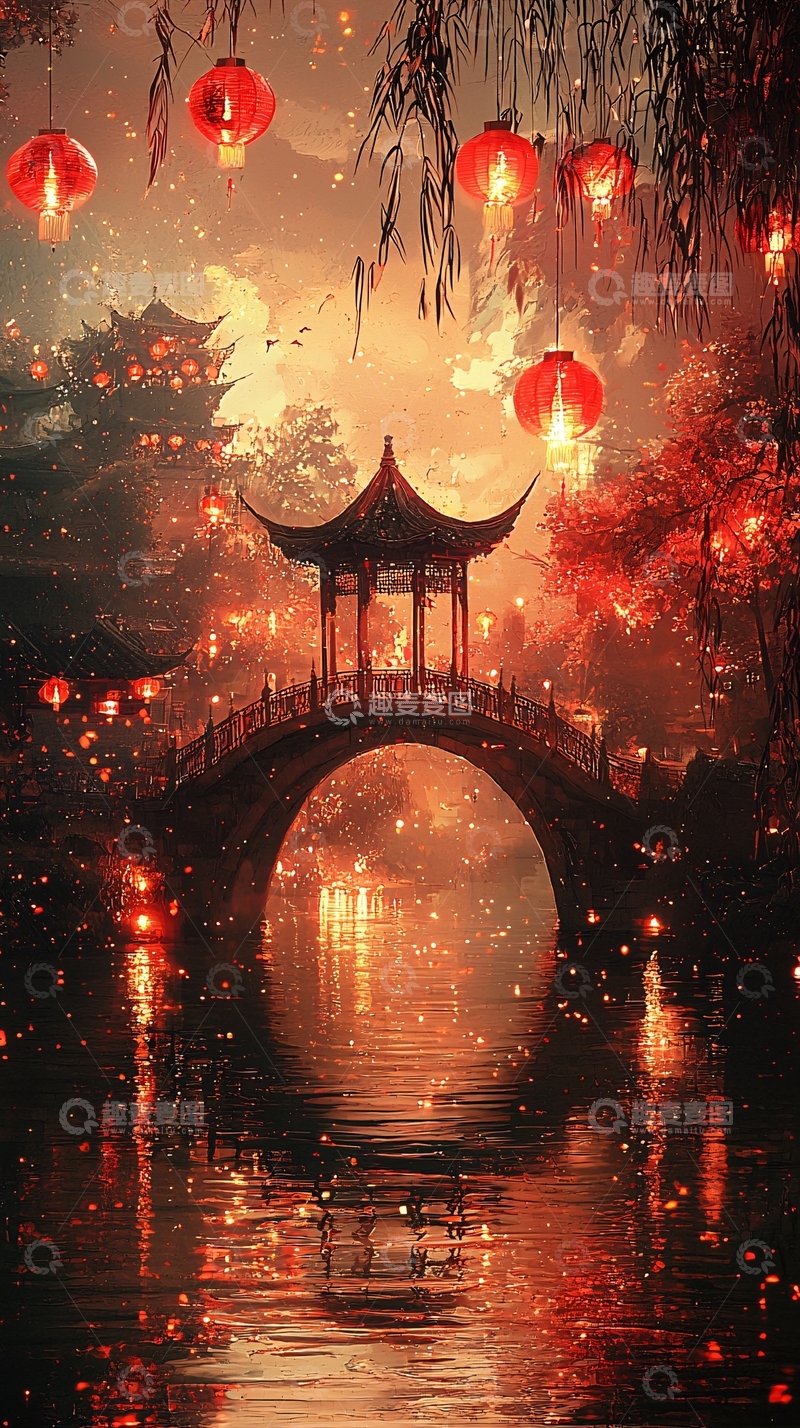 高清大图下载【趣麦麦图】红灯笼古桥夜景
