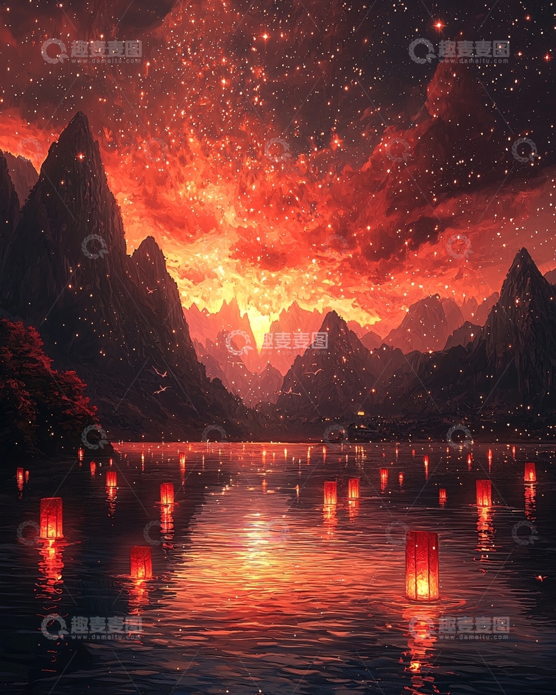 高清大图下载【趣麦麦图】燃着红光的山谷湖泊