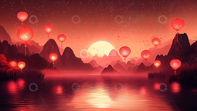高清大图下载【趣麦麦图】红霞夕阳下的山峦与河湖