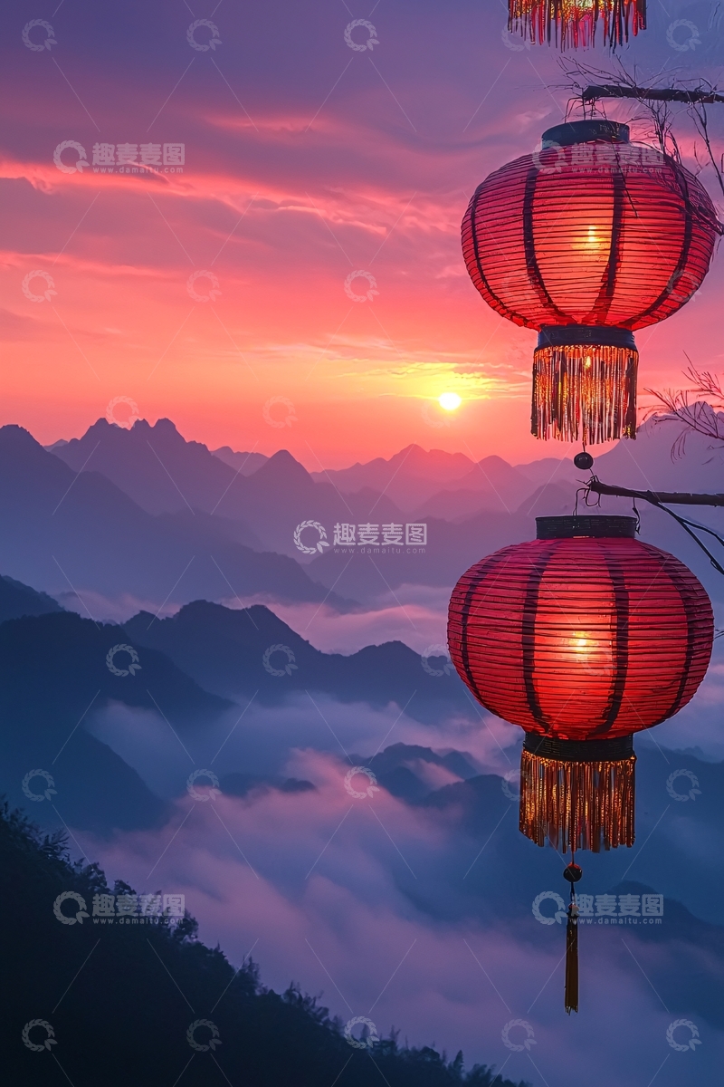 高清大图下载【趣麦麦图】日出山峦红灯笼