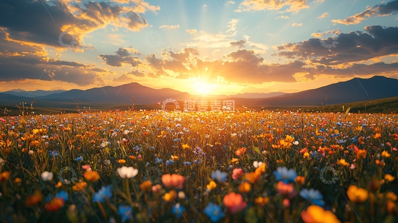 高清大图下载【趣麦麦图】夕阳下的野花田