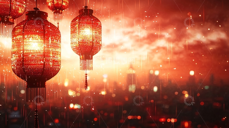 高清大图下载【趣麦麦图】红灯笼雨夜城市夜景