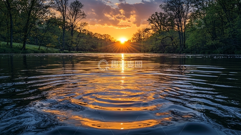 高清大图下载【趣麦麦图】夕阳西下河面涟漪